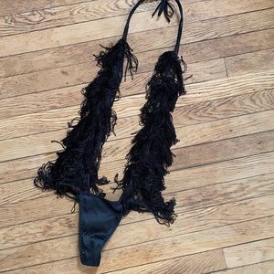 La Perla Black Label Fringe Bodysuit Size 1 ⚡️plunge halter sheer panels sexxxy